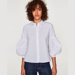 Zara Basic Editions Pearl Balloon Sleeve White Button Down Top Size XS